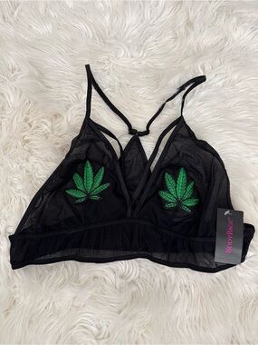 BodyRage Black Mesh Bralette with Green Leaf Embroidery